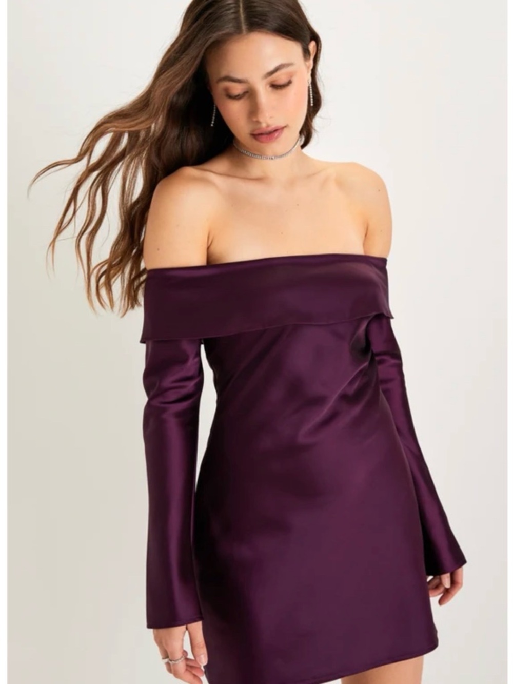 Lulu's Off-Shoulder Satin Mini Dress in Plum